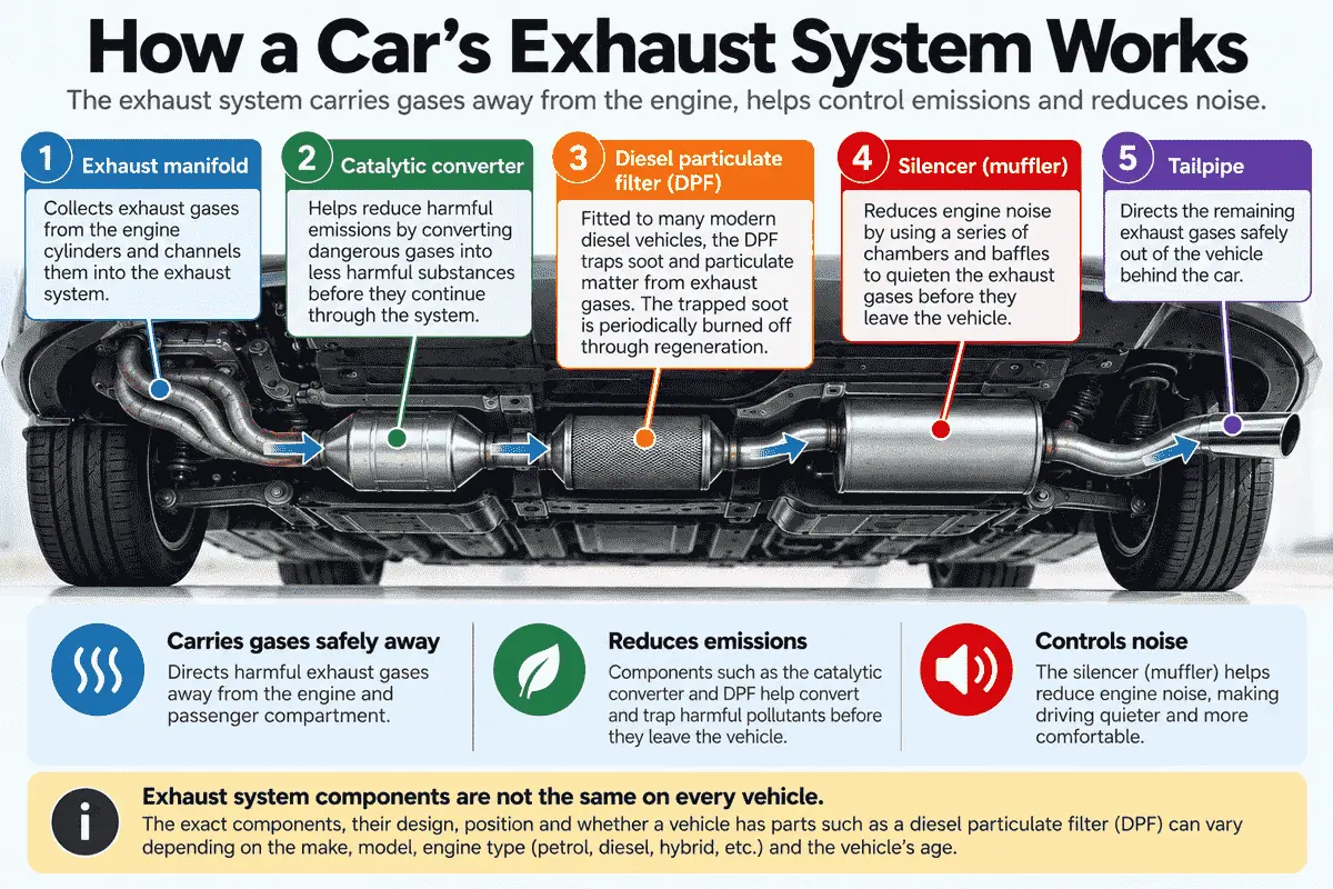 Diagram showing the main parts of a car exhaust system from the engine to the tailpipe