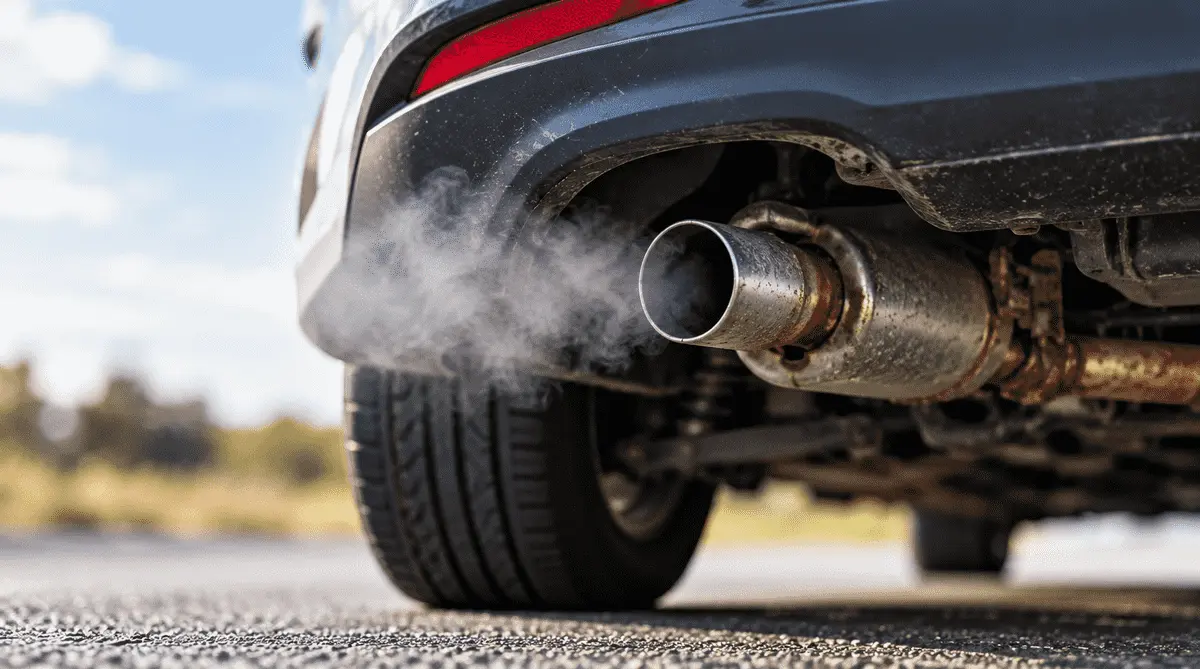 Visible exhaust vapour coming from the tailpipe of a car.