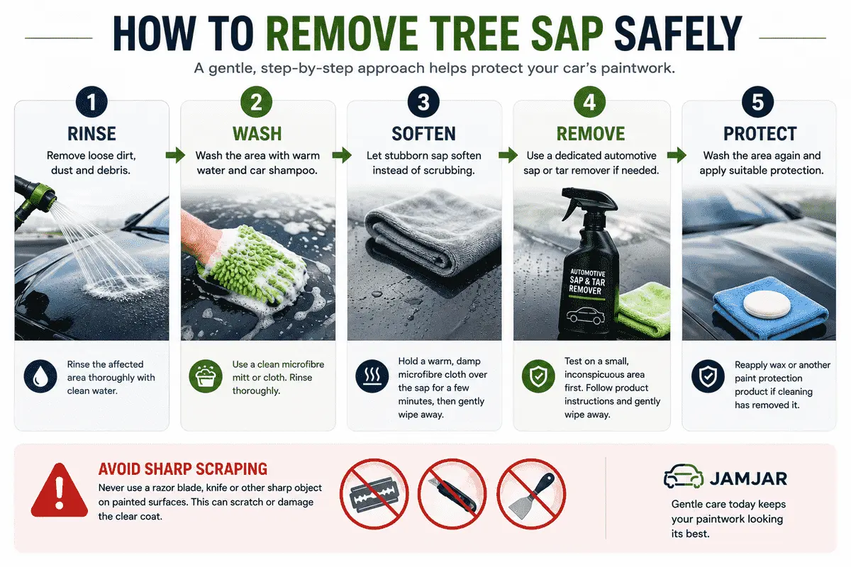 Diagram showing the safe steps for removing tree sap from car paint