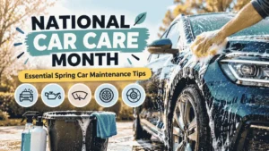 Washing a car outdoors with a hose and sponge for National Car Care month.