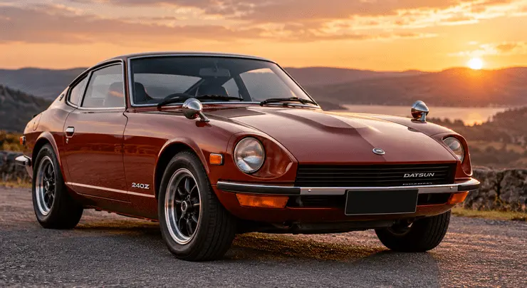 Classic Datsun 240Z photographed from the rear on a wet road