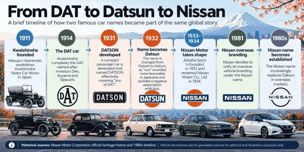 Timeline showing the development of the DAT and Datsun names and the transition to Nissan