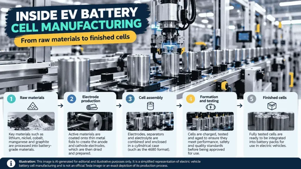 Editorial illustration of cylindrical battery cells moving along an automated manufacturing line.