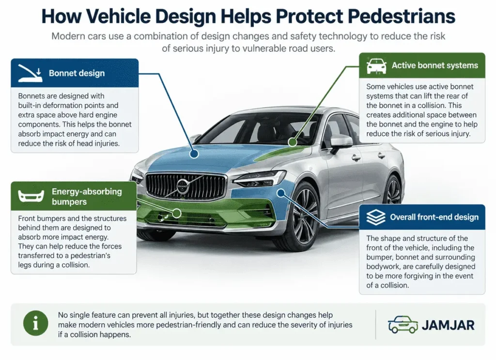 Diagram showing vehicle design features that can help reduce pedestrian injuries