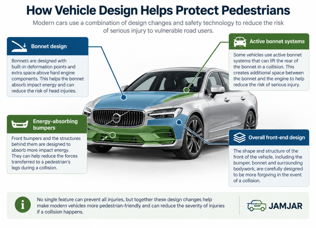 Diagram showing vehicle design features that can help reduce pedestrian injuries