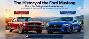 Comparison illustration showing a classic first-generation Ford Mustang alongside a modern seventh-generation Mustang.