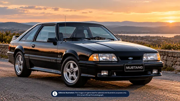 Third-generation Ford Mustang with the angular styling associated with the Fox-body era.
