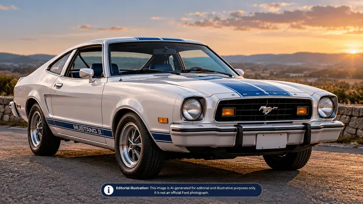 Ford Mustang II from the 1970s, showing its compact coupe body styling.