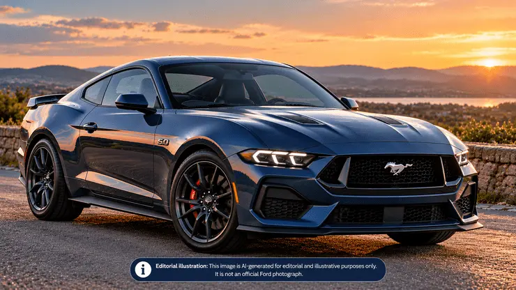 Seventh-generation Ford Mustang coupe with its modern grille, headlights and sculpted bodywork.