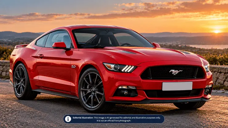 Sixth-generation Ford Mustang coupe viewed from the front and side.