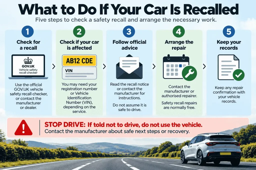 Five-step process for checking a vehicle recall and arranging the required recall work