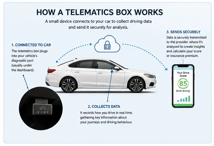 Diagram showing a telematics box connected to a car and collecting driving data