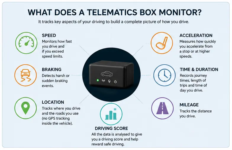 Diagram showing driving information a telematics box can monitor, including speed, braking and acceleration