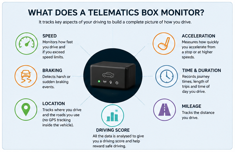 Diagram showing driving information a telematics box can monitor, including speed, braking and acceleration
