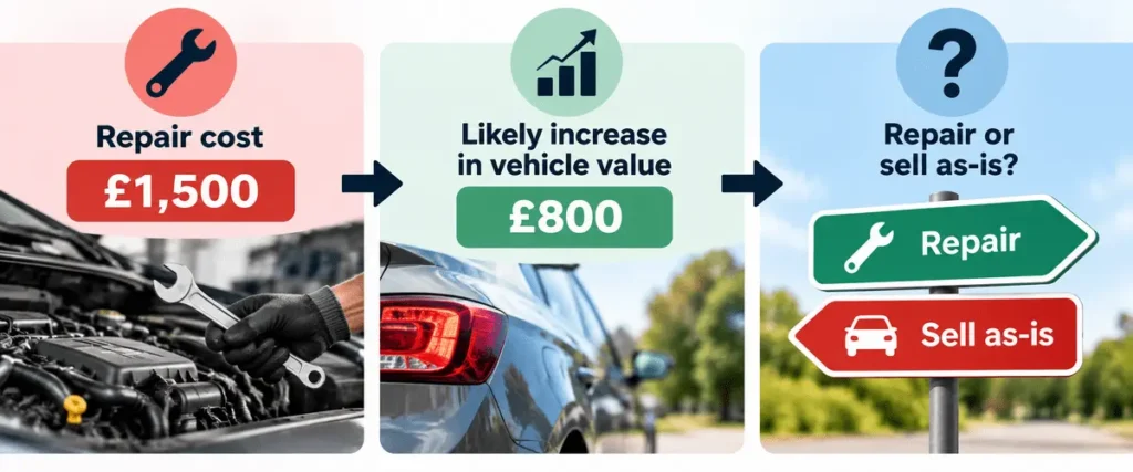 Example comparing a £1,500 car repair cost with an £800 increase in vehicle value before deciding whether to repair or sell as-is