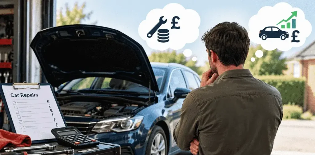 Car owner weighing up repair costs against the potential increase in the car's value