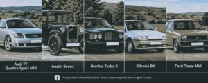 Collage showing an Audi TT Quattro Sport, Austin Seven, Bentley Turbo R, Citroën BX and first-generation Ford Fiesta.
