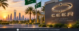 Editorial graphic introducing Ceer, Saudi Arabia's electric vehicle manufacturer.