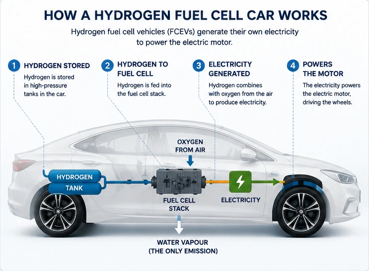Diagram showing how hydrogen and oxygen are used to generate electricity to power a fuel-cell car