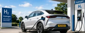 Hydrogen fuel-cell car being refuelled at a hydrogen station in the UK