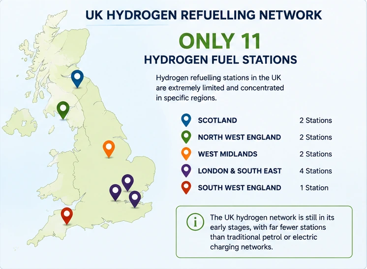Map showing the limited distribution of hydrogen refuelling stations across the UK