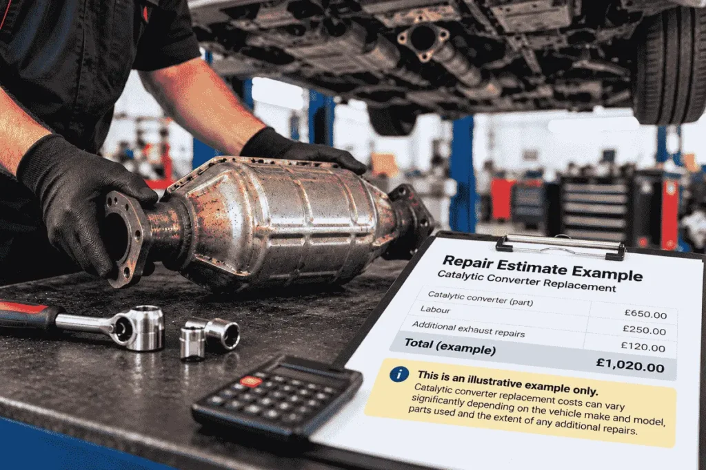 echanic examining a catalytic converter beside a repair estimate in a garage