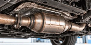 Catalytic converter underneath a raised car in a garage