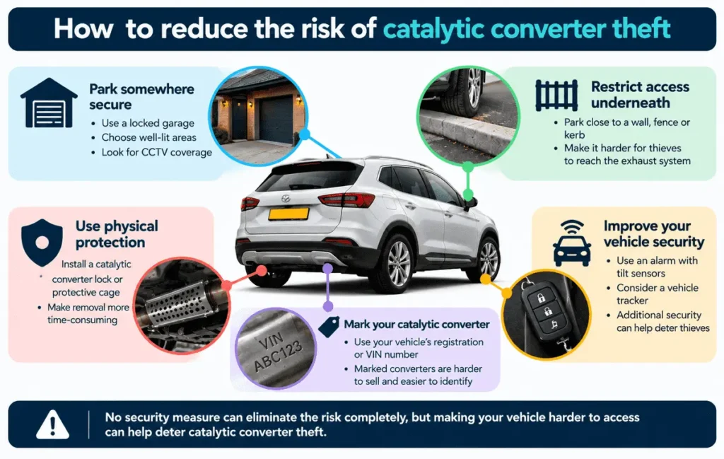 Illustration showing ways to reduce catalytic converter theft, including secure parking, restricted access, protective devices, security marking and vehicle alarms