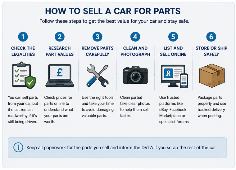 Diagram showing the main steps involved in selling a car for parts