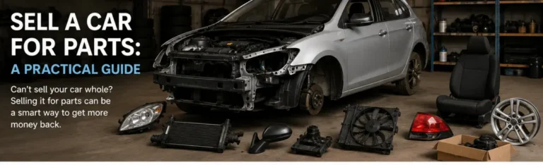 Partially dismantled car in a garage with vehicle parts removed