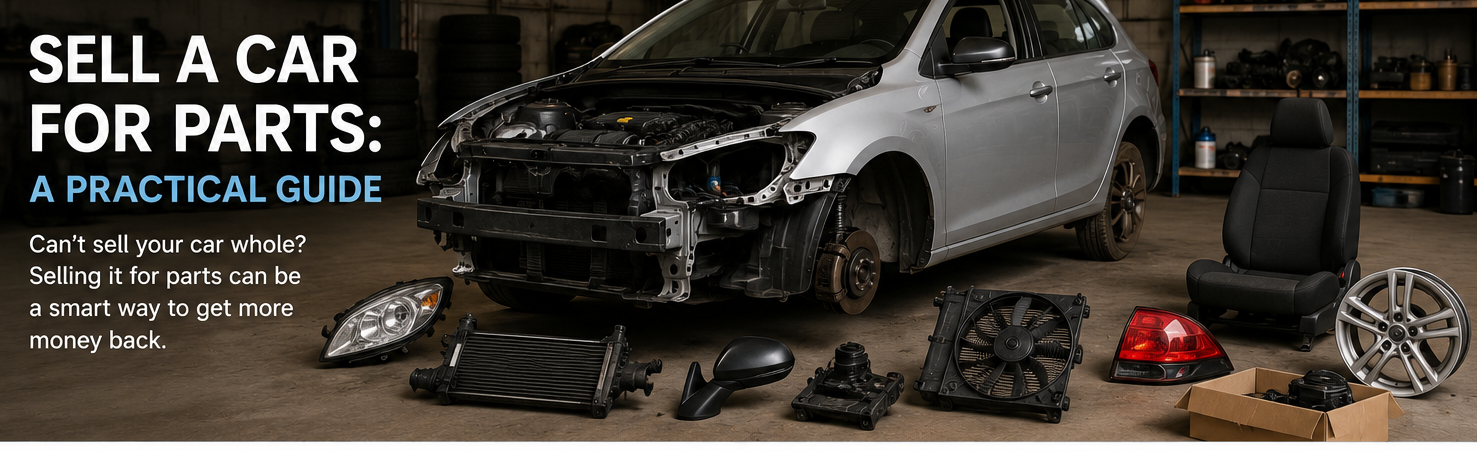Partially dismantled car in a garage with vehicle parts removed