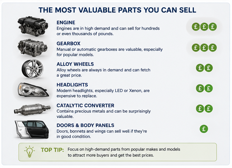 Diagram showing car components that can have value when sold separately