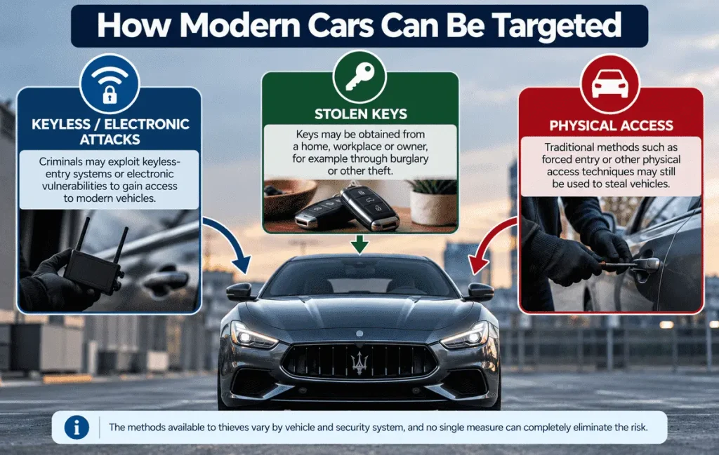 Graphic showing keyless attacks, stolen keys and physical access as ways modern vehicles can be targeted by thieves