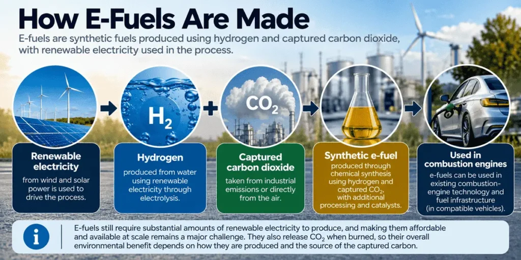 Diagram showing renewable electricity, hydrogen and captured carbon dioxide being used to produce synthetic e-fuel