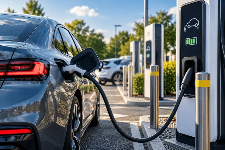 Electric car connected to a public charging point