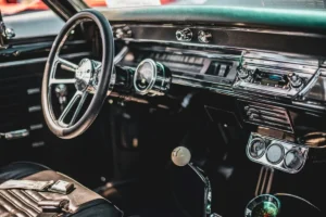 Dashboard and controls inside a classic Peugeot