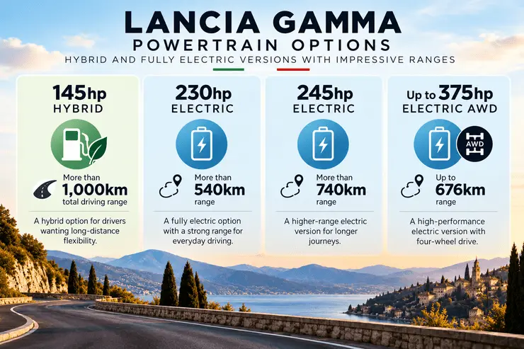 Comparison of the Lancia Gamma's hybrid and electric powertrain options and their stated driving ranges