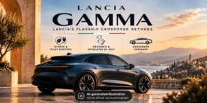 Illustration representing the new Lancia Gamma as a hybrid and electric crossover fastback