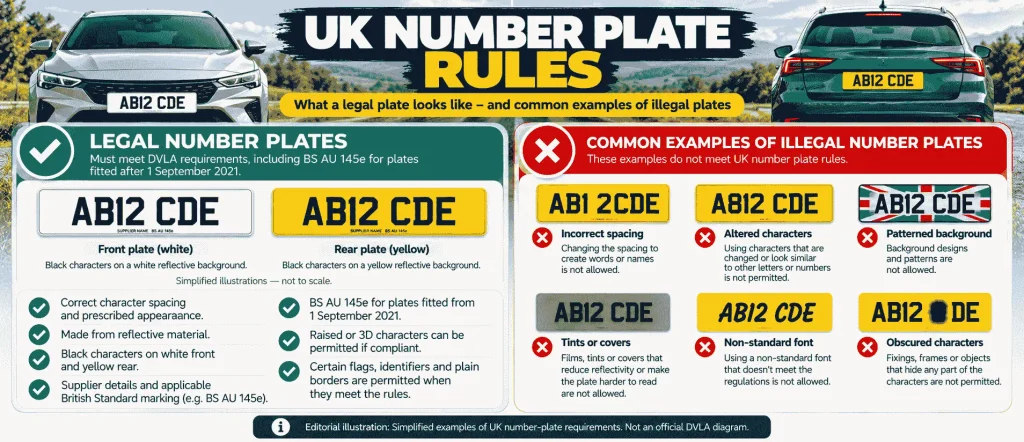 AI-generated infographic illustrating UK number-plate requirements, including correct spacing, reflective backgrounds, required markings and examples of non-compliant plates.