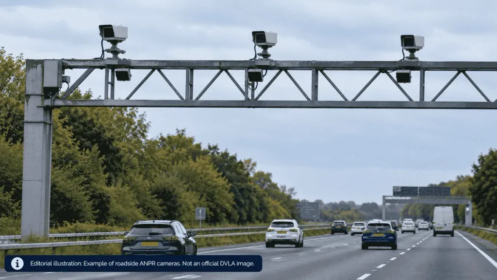 AI-generated illustration of roadside ANPR cameras mounted on an overhead gantry above a UK motorway with passing vehicles.