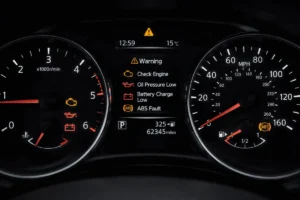 Car dashboard showing illuminated warning lights
