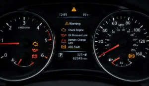 Car dashboard showing illuminated warning lights