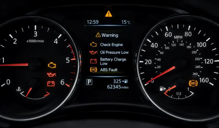 Car dashboard showing illuminated warning lights