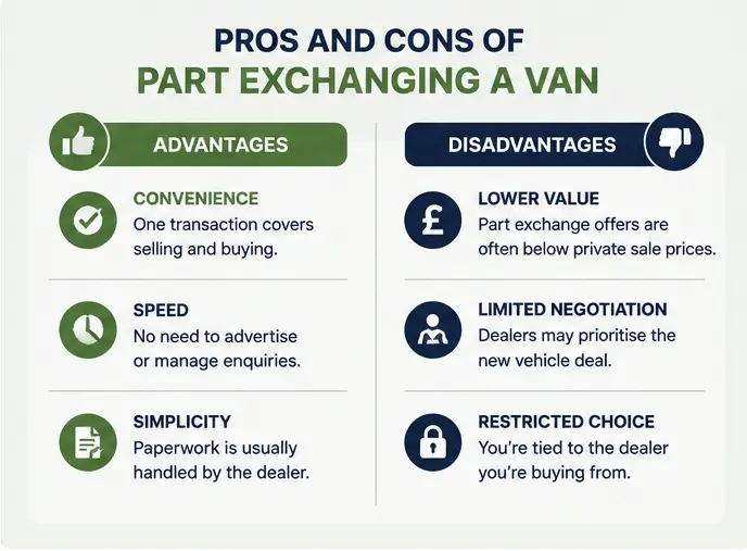 Infographic showing the advantages and disadvantages of part exchanging a van