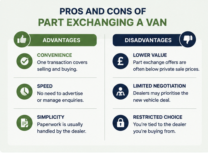 Infographic showing the advantages and disadvantages of part exchanging a van