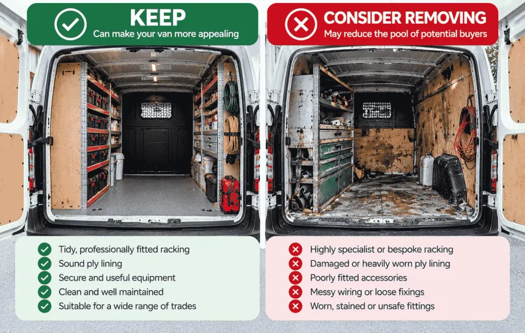 Comparison of a tidy fitted van load area and a worn or highly specialised van interior