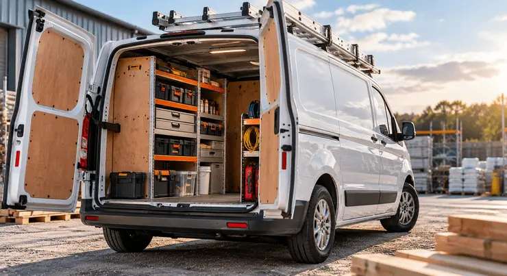 White commercial van parked outside an industrial building
