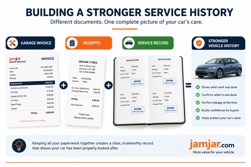 Garage invoice, receipts and service records combining to build a stronger car service history