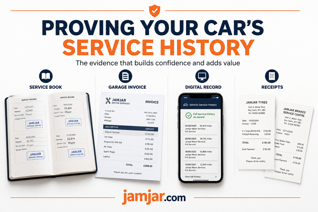 Car service book, garage invoice, digital service records and keys organised together