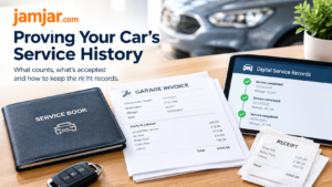 Examples of evidence used to prove a car's service history, including a service book, garage invoice, digital record and receipt